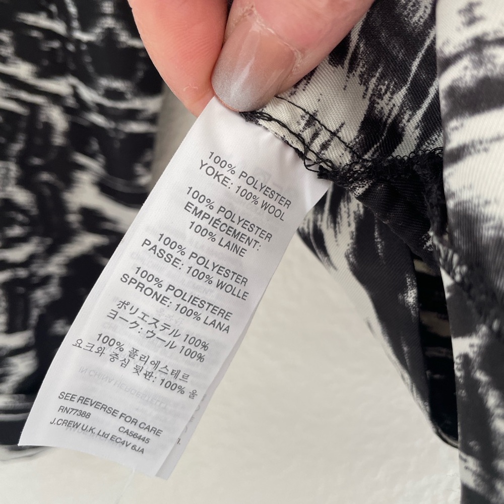 J.Crew Blurred Ikat Top black white polyester wool flannel trim rear zipper SZ 8 - Picture 6 of 7